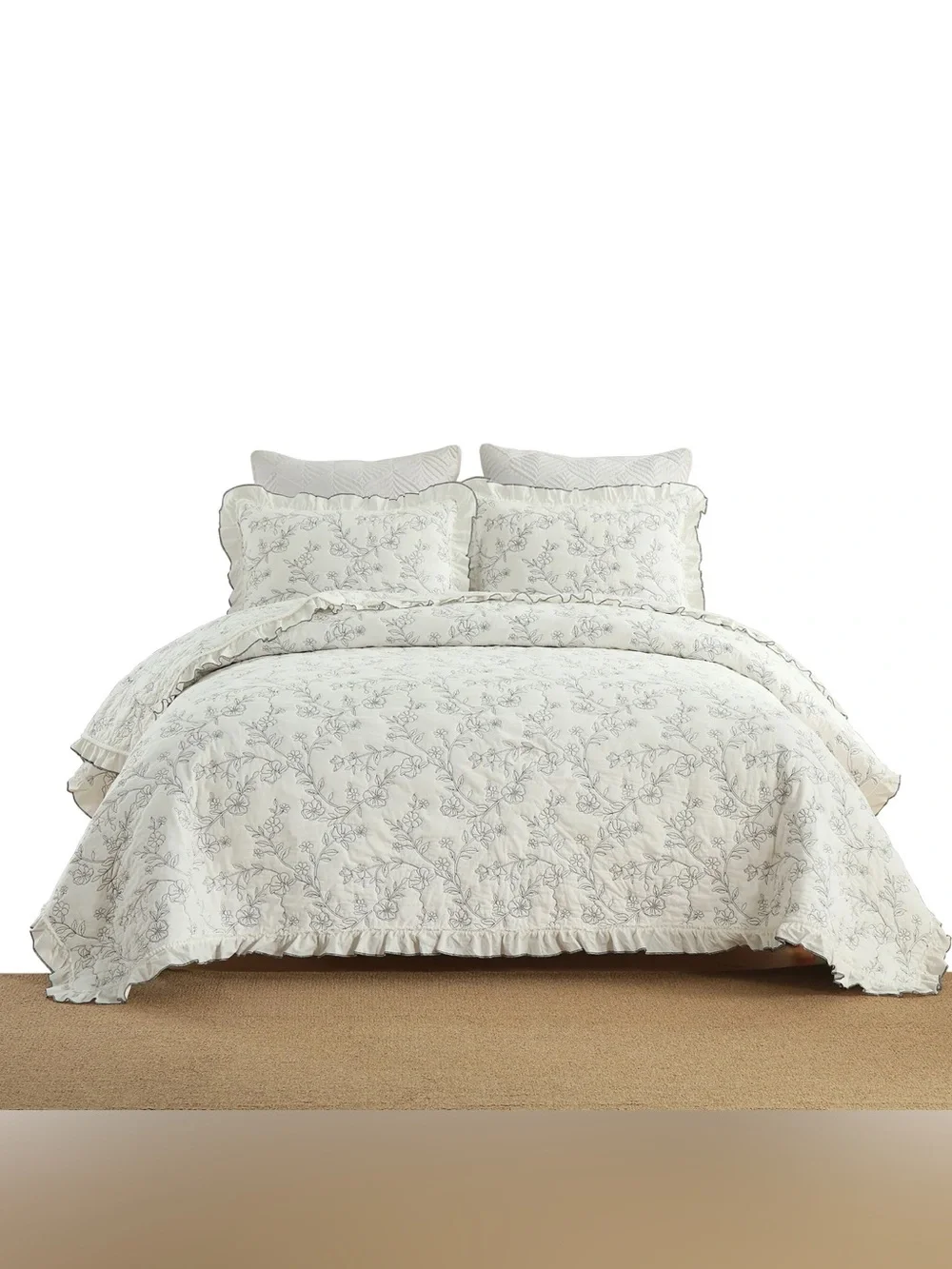 3 PIECE 100% COTTON EMBROIDERED FLORAL RUFFLE LIGHTWEIGHT QUILT BEDSPREAD SET